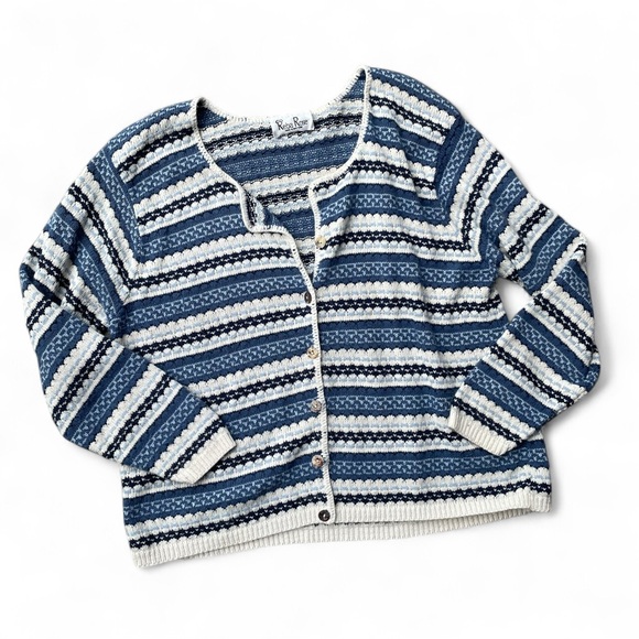 Reba Rose Vintage Cotton-Like blue & white crochet cardigan sweater - size XL - Picture 1 of 6